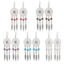 Alloy with Synthetic Howlite & Natural Mixed Stone Dangle Earrings, Feather, Platinum