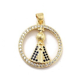 Rack Plating Brass Micro Pave Cubic Zirconia Pendants, Long-Lasting Plated, Lead Free & Cadmium Free, Ring with Godfather, Religion