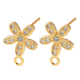 Brass Rhinestone Stud Earring Findings, Flower, with Loop