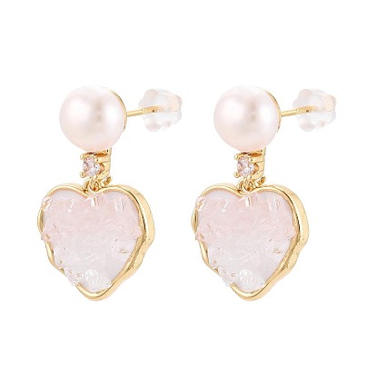 Серьги-гвоздики в форме сердца из латуни с микропаве из прозрачных кубических цирконий, с натуральным жемчугом, стеклом и эмалью, а также 925 булавками из стерлингового серебра, долговечный