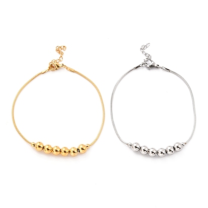 304 Stainless Steel Round Snake Chain Bracelets, with Round Beads