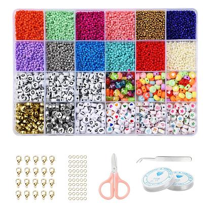 DIY-Schmuck machen Kits, inklusive runder Glasperlen, flache runde Acrylperlen, Elastische Kordel Kristallschnur Kristall Faden, Pinzette, Schere, Legierungsschließen und Eisenringe