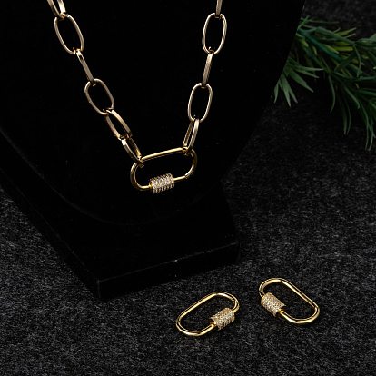 Brass Micro Pave Cubic Zirconia Screw Carabiner Lock Charms, for Necklaces Making, Oval
