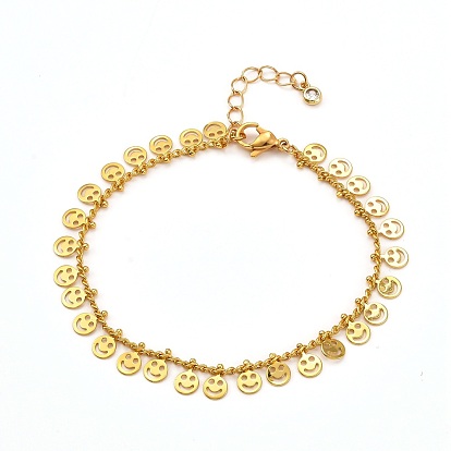 Flat Round with Smiling Face Brass Charm Bracelets, with Curb Chains and Cubic Zirconia