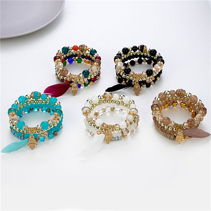 Bohemian Bracelet Set with Colorful Crystal Beads, Feather and Ethnic Style Jewelry