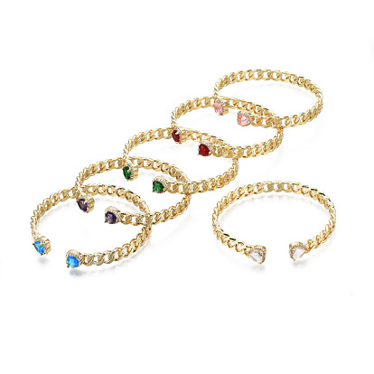 Cubic Zirconia Heart Open Cuff Bangle, Real 18K Gold Plated Brass Curb Chain Shape Bangle for Women