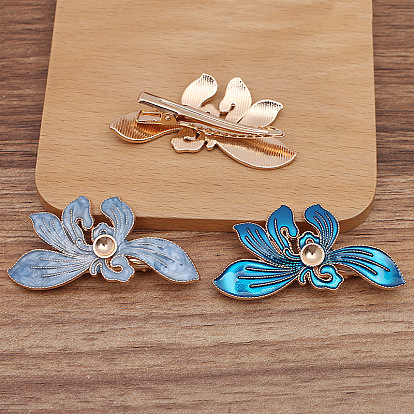 Alloy Alligator Hair Clips Findings, Round Bead & Enamel Settings, with Iron Clips, Orchid Flower
