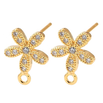 Brass Rhinestone Stud Earring Findings, Flower, with Loop