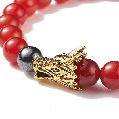 2Pcs 2 Style Natural Red Agate Carnelian(Dyed & Heated) & Synthetic Hematite Stretch Bracelets Set with Alloy Dragon, Gemstone Jewelry for Women