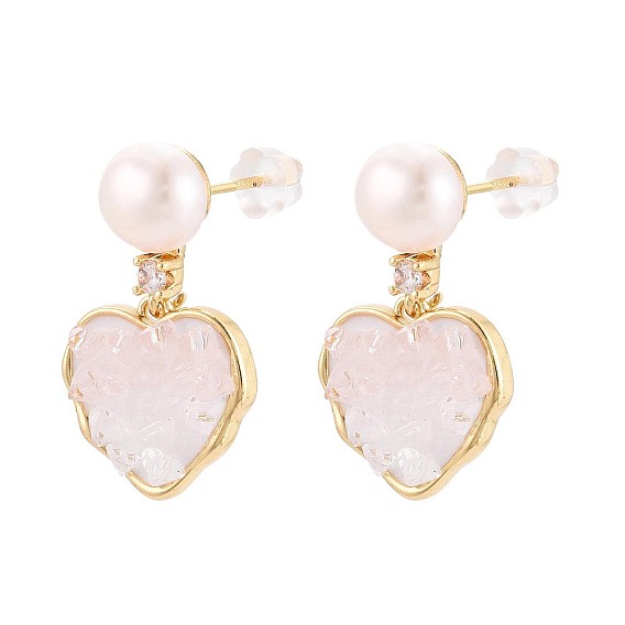 Серьги-гвоздики в форме сердца из латуни с микропаве из прозрачных кубических цирконий, с натуральным жемчугом, стеклом и эмалью, а также 925 булавками из стерлингового серебра, долговечный