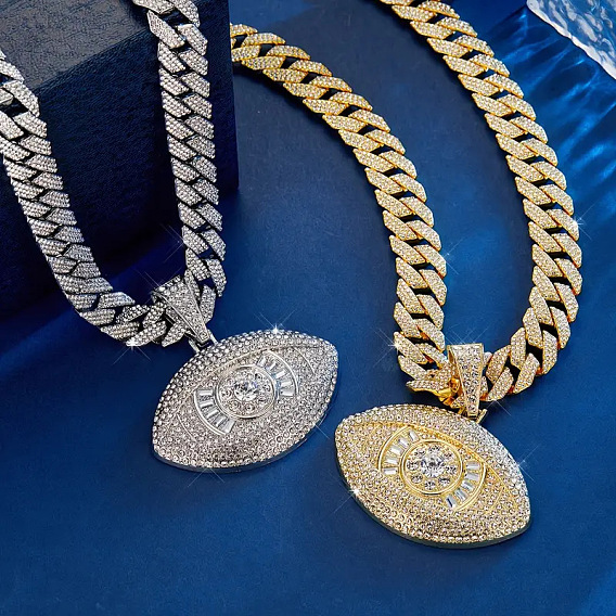 Мужские кубинские звенья цепи с подвеской от сглаза из цинкового сплава, полностью украшенной кристаллами и стразами