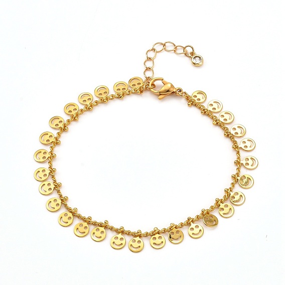 Flat Round with Smiling Face Brass Charm Bracelets, with Curb Chains and Cubic Zirconia
