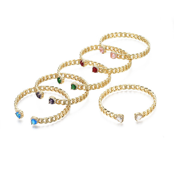Cubic Zirconia Heart Open Cuff Bangle, Real 18K Gold Plated Brass Curb Chain Shape Bangle for Women