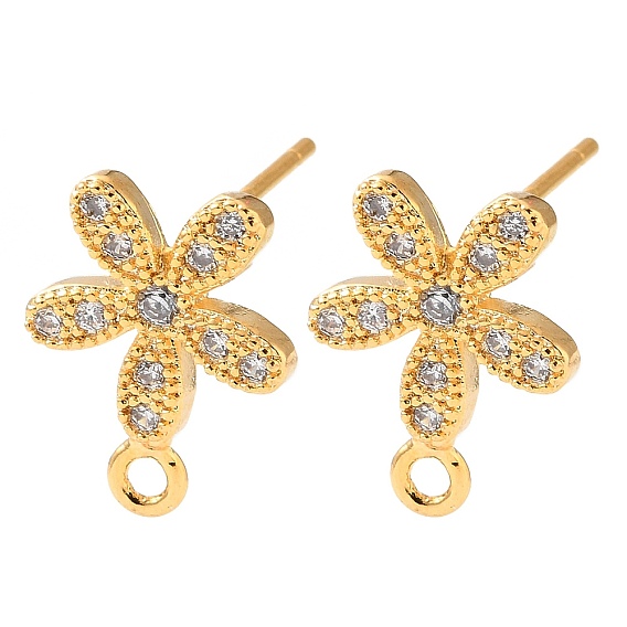 Brass Rhinestone Stud Earring Findings, Flower, with Loop