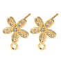 Brass Rhinestone Stud Earring Findings, Flower, with Loop