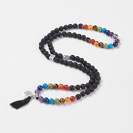 Chakra bijoux, colliers suspendus en nylon et alliage, avec de la pierre mixte, Perles en résine, Emballage en toile de jute