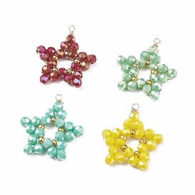 Faceted Round Full Plated Electroplate Glass Pendants, Twisted with Copper Wire & Brass Beads, Star
