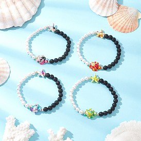 4шт. 4 цвета браслеты из натуральной лавы и синтетической бирюзы с бусинами, черепаха и морская звезда, с ракушечным жемчугом и гальванизированными немагнитными синтетическими гематитовыми бусинами