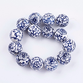 Perles de porcelaine bleue et blanche à la main, ronde