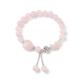 Natural Rose Quartz Round & Heart & Chips Beaded Stretch Bracelet, Alloy Flower Beads Adjustable Bracelet with Tassel Charms for Women