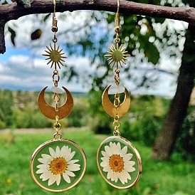 Flower & Sun & Moon Alloy Dangle Earrings, Natural Crystal Quartz Chips Beaded Long Drop Earrings