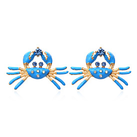 Cute Cartoon Crab Earrings with Exaggerated Alloy Hollow-out, Oil Drop and Rhinestone Inlay for Women