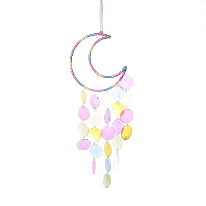 Suede Wrap Iron Moon Hanging Ornaments, Dyed Natural Shell Tassel for Home Living Room Bedroom Wall Decorations