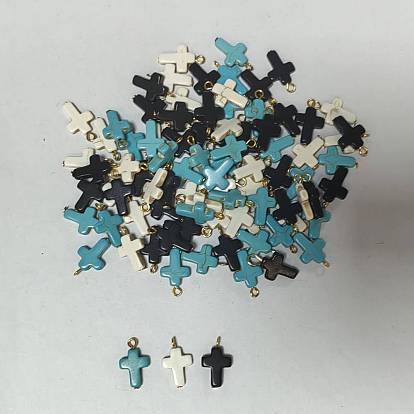 90Pcs 3 Colors Dyed Synthetic Turquoise Pendants, Cross Charms with Golden Tone Iron Loops