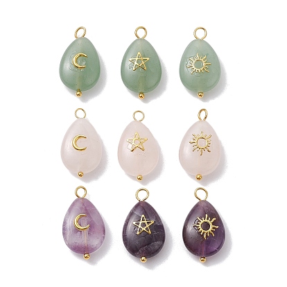 9Pcs 9 Styles Natural Green Aventurine & Rose Quartz & Amethyst Pendants, Teardrop Charms with Golden Plated Metal Moon & Sun & Star