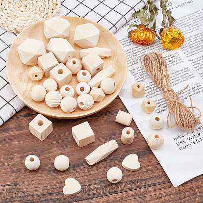 PANDAHALL ELITE 130Pcs 9 Size Natural Unfinished Wood Beads, with 10m Jute Twine, for DIY Home Decoration Kits