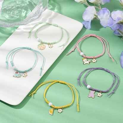 5шт 5 стили сплав эмалированные браслеты с подвесками, Браслеты из плетеных бусин из вощеного хлопкового шнура для женщин, с акриловым шарик