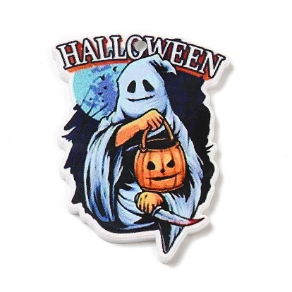 Halloween Themed Opaque Printed Acrylic Pendants, Ghost/Pumpkin Charm