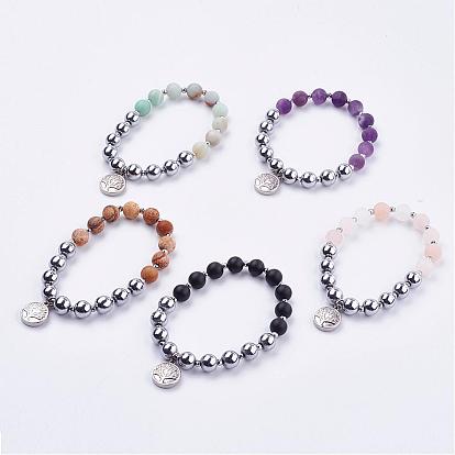 Bracelets extensibles mélangés de gemme givrée, avec perles en hématite synthétiques non magnétiques et plaquettes en acier inoxydable 304, arbre de la vie