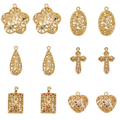 12 шт 6 стиль латунные подвески, полый, без никеля , слеза, прямоугольник, сердце, овал, цветок и крест
