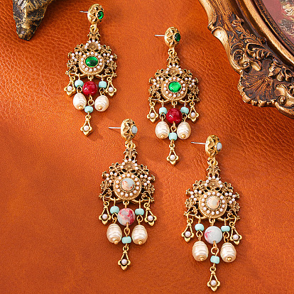 Серьги-гвоздики из пластика с цветочным сплавом и жемчугом, с натуральным цветочным амазонитом и стеклом