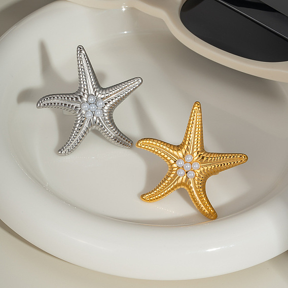 Регулируемые кольца из нержавеющей стали для женщин, морская звезда, с имитацией жемчуга