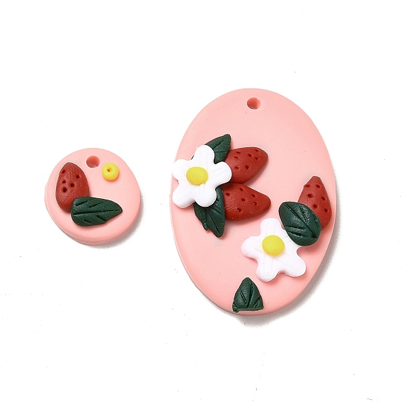 Handmade Polymer Clay Pendants Sets, Oval & Flat Round with Flower and 
Strawberry
