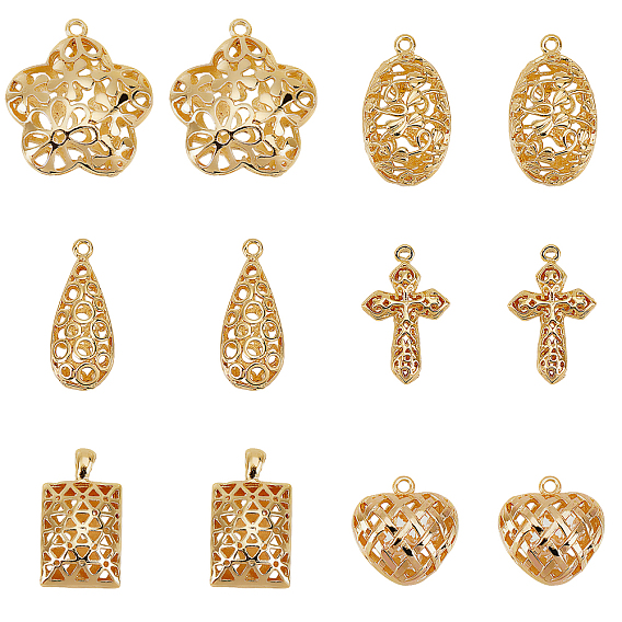 12 шт 6 стиль латунные подвески, полый, без никеля , слеза, прямоугольник, сердце, овал, цветок и крест