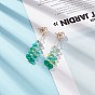 Glass Beaded Leaf Long Dangle Stud Earrings with Imitation Pearl, Gold Plated Brass Jewelry for Women