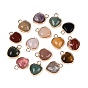 Natural & Synthetic Mixed Stone Pendants, Brass Heart Bezeled Charms, Mixed Dyed and Undyed, Golden