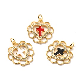 Rack Plating Brass Micro Pave Cubic Zirconia Pendants, Real 18K Gold Plated, Cadmium Free & Lead Free & Nickle Free, with Enamel and Jump Ring, Heart with Cross