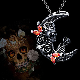 Vintage European and American Punk Style Halloween Crown Skull Pendant Hollow Moon Necklace.