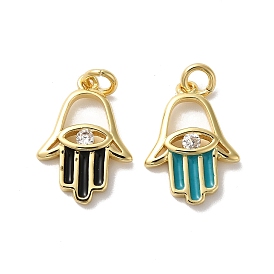 Rack Plating Brass Cubic Zirconia Charms, with Enamel, with Jump Ring, Cadmium Free & Lead Free, Long-Lasting Plated, Hamsa Hand, Real 18K Gold Plated