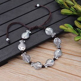 Браслеты из плетеных бусин из сплава, регулируемые плетеные браслеты из полиэфирного шнура для мужчин и женщин, античное серебро