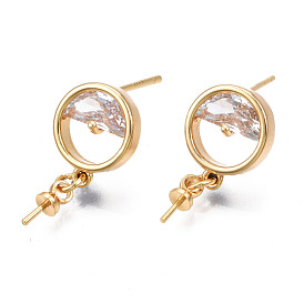 Brass Micro Pave Cubic Zirconia Stud Earring Findings, with 925 Sterling Silver Pins and Cup Peg Bails, for Half Drilled Bead, Cadmium Free & Nickel Free & Lead Free, Flat Round
