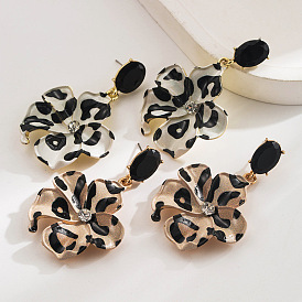 Rhinestone сплава болтаться серьги, леопардовый принт с цветком