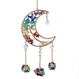 Moon and Tree Natural & Synthetic Gemstone Chips Chandelier Suncatchers Prisms, with Glass Beads, for Home Bedroom Hanging Decorations