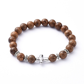 Stretch Bracelets, with Natural Wood Beads and Tibetan Style Alloy Beads, Cross