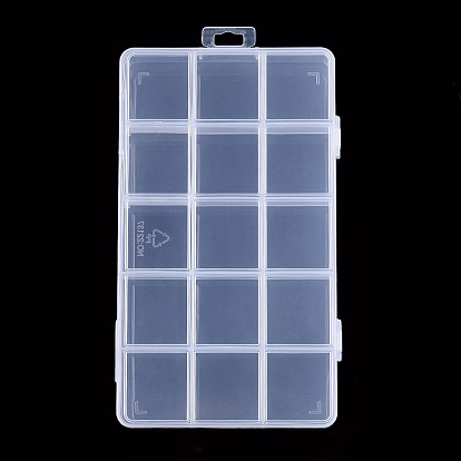 Rectangle Polypropylene(PP) Bead Storage Container, Adjustable Deviders Box, with Hinged Lid and 15 Compartments, for Jewelry Small Accessories