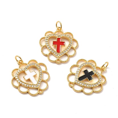 Rack Plating Brass Micro Pave Cubic Zirconia Pendants, Real 18K Gold Plated, Cadmium Free & Lead Free & Nickle Free, with Enamel and Jump Ring, Heart with Cross